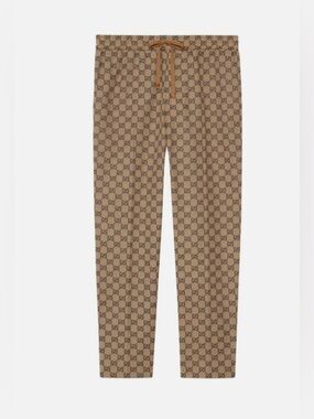 GUCCI Beige Tapered Cropped Logo-Jacquard Cotton-Blend Trousers